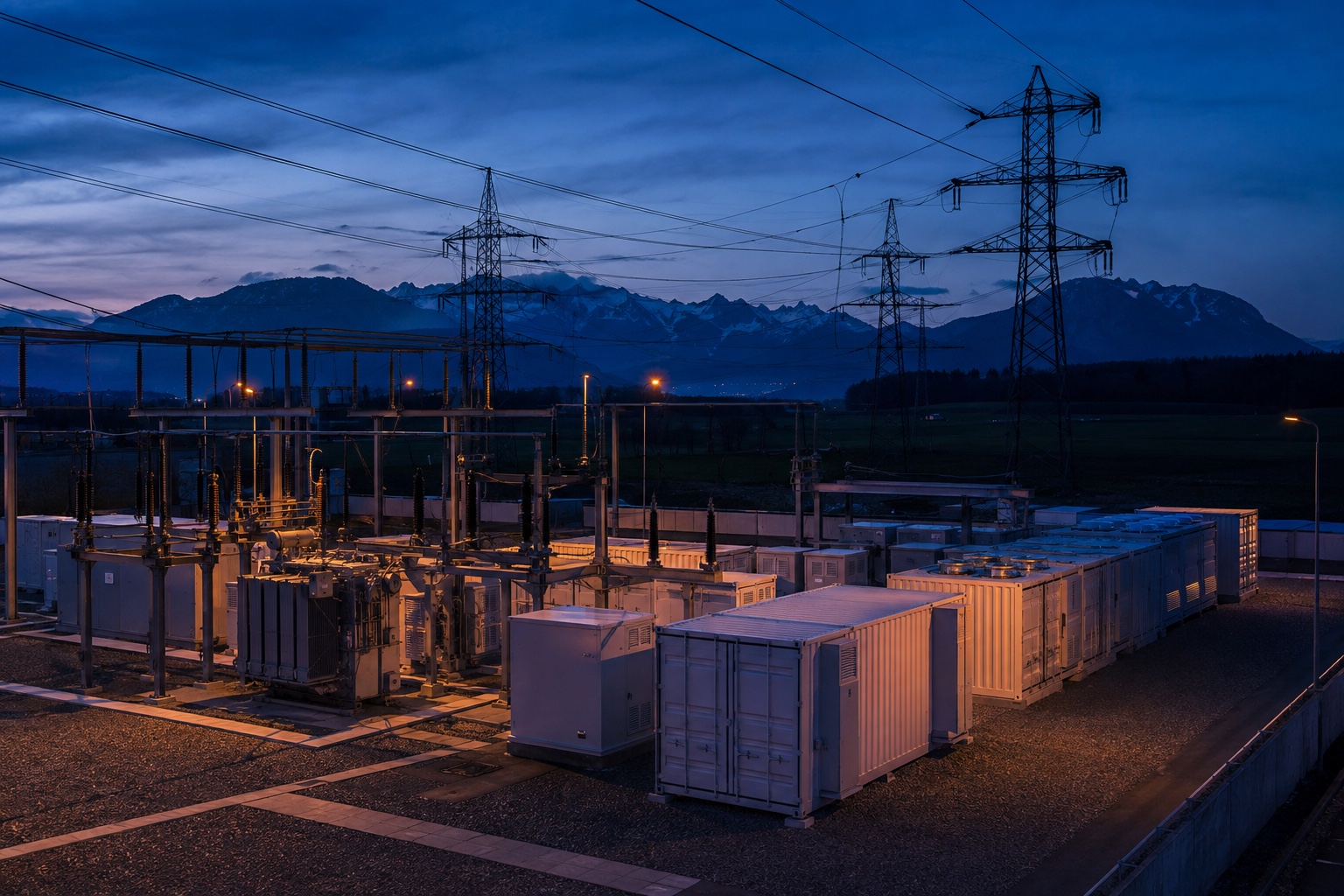 Stockage par batteries raccordé dans un poste suisse à haute tension au crépuscule