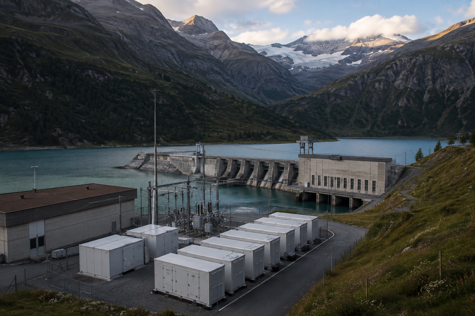 Batteriespeicher neben einem alpinen Wasserkraftwerk und Stausee in der Schweiz