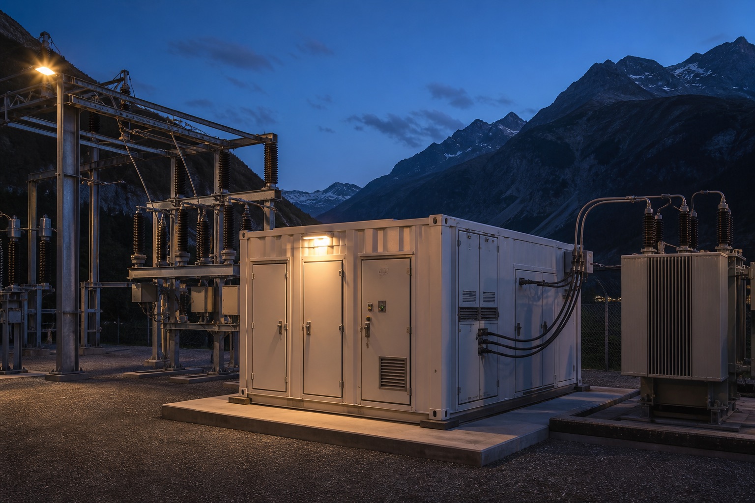 Containerised battery energy storage system connected to a Swiss distribution-grid substation at blue hour