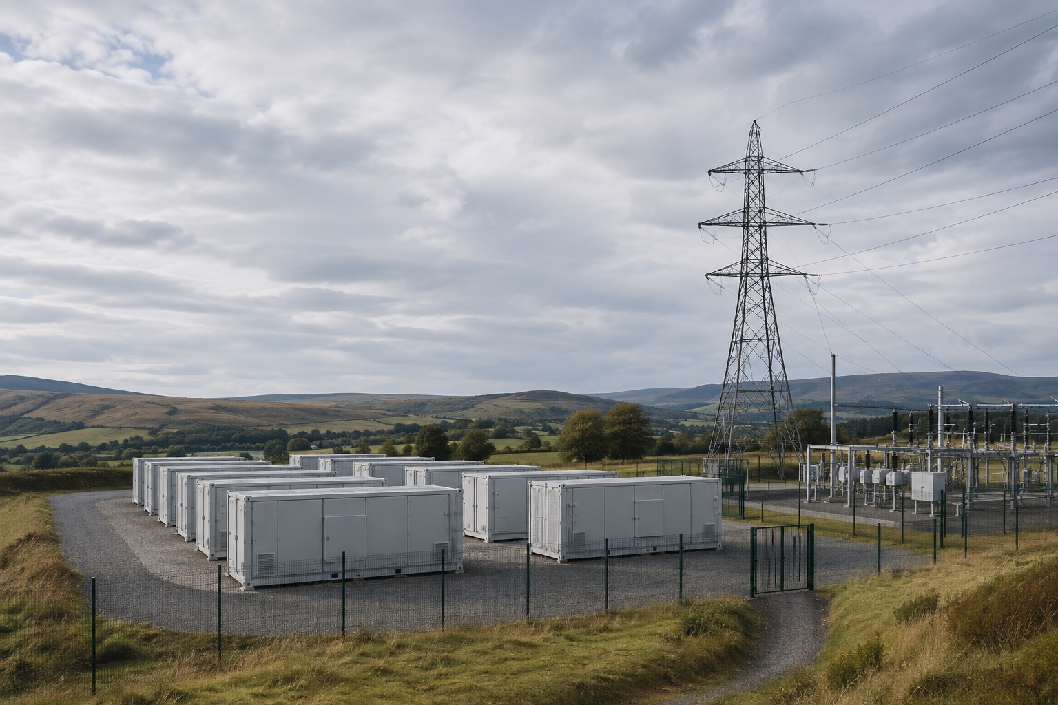 Illustration eines Batteriespeichers neben Übertragungsnetzanlagen in einer britischen Landschaft
